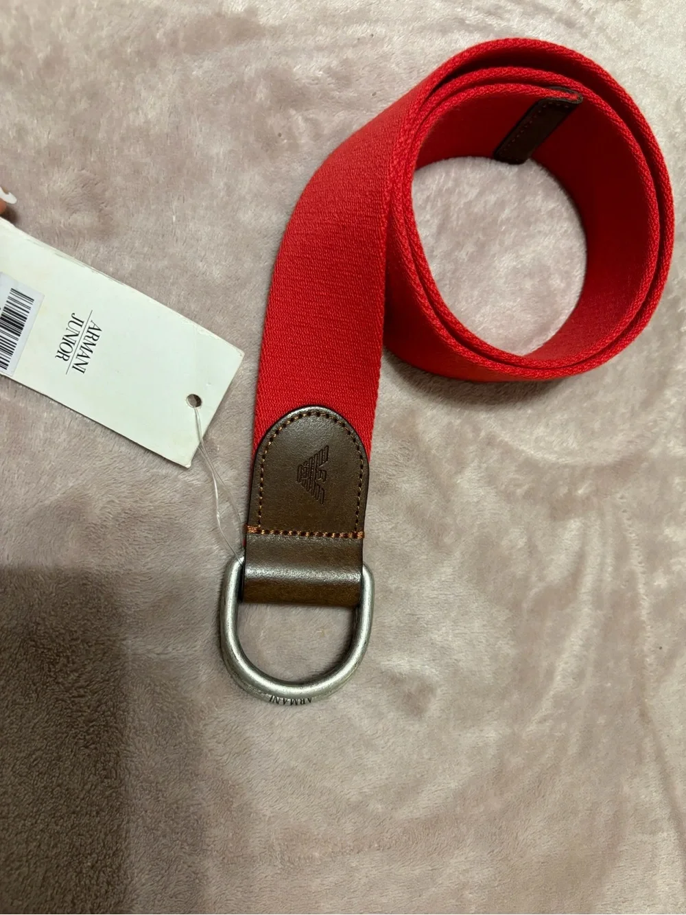 Armani Junior Red Webbing Belt with Brown Leather and Silver Rings 71 cm